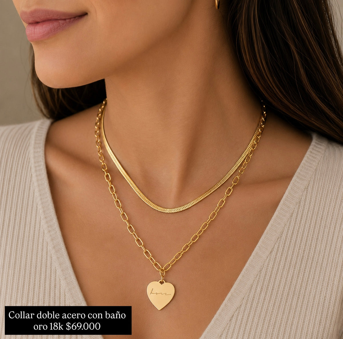 Collar Doble Acero con baño Oro 18k