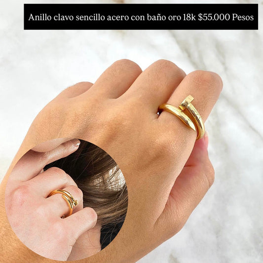 Anillo clavo sencillo acero con baño oro 18k