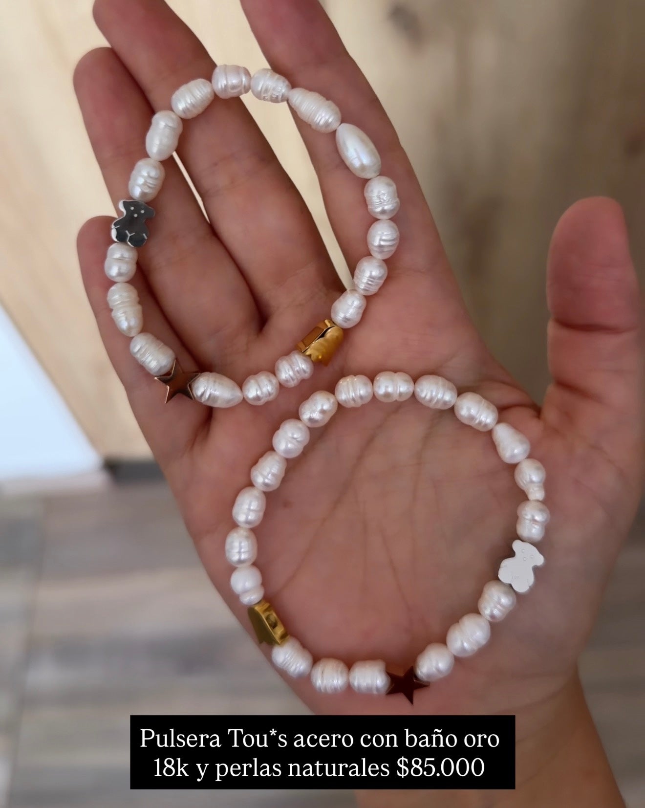 Pulsera To*us acero con baño oro 18k y perlas naturales