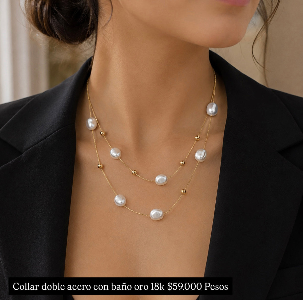 Collar Doble Acero con baño Oro 18k