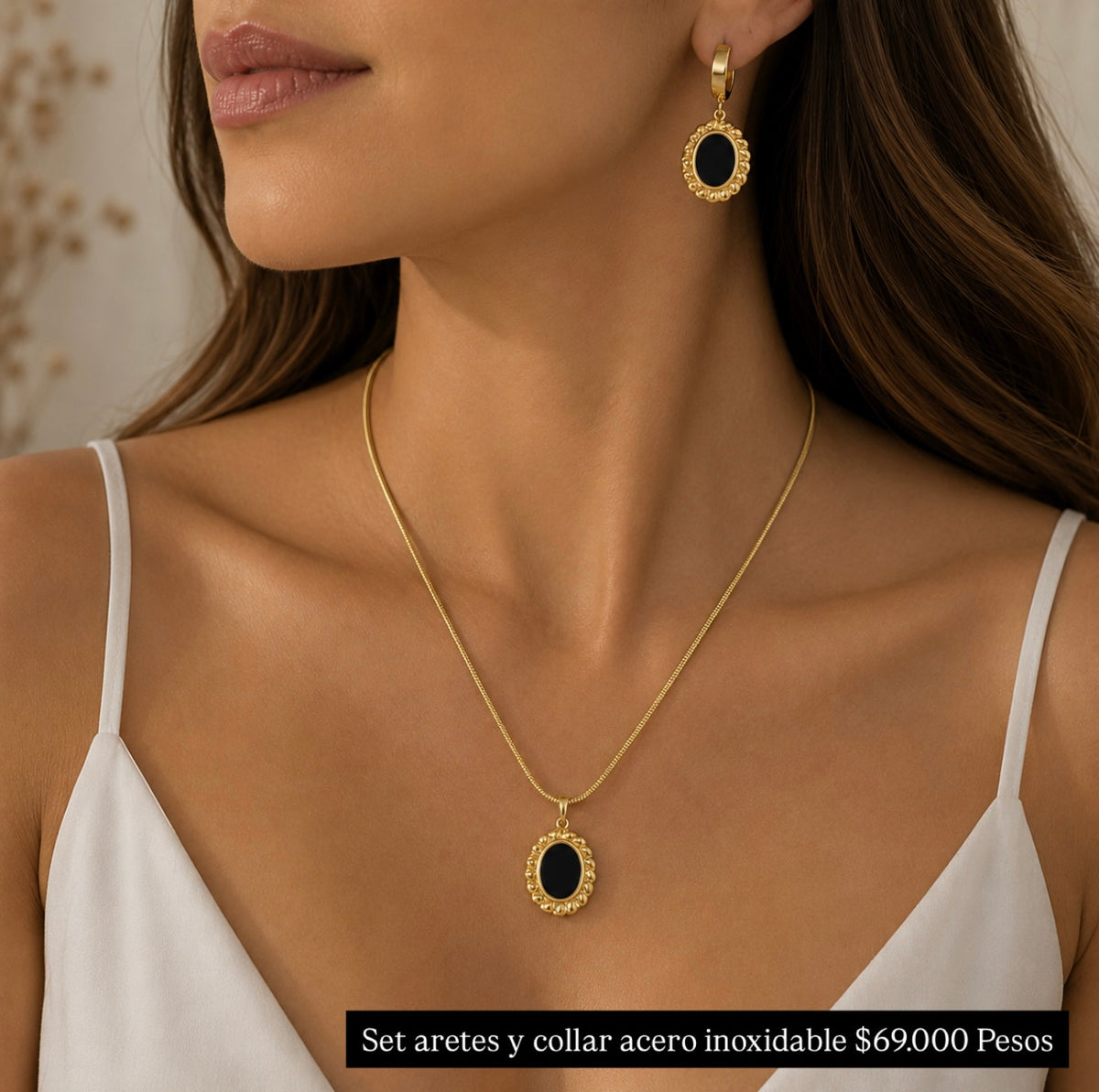 Set aretes y collar acero con baño oro 18k