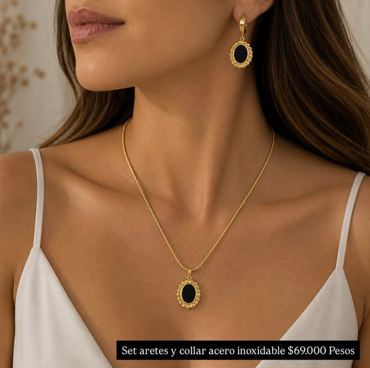 Set aretes y collar acero con baño oro 18k