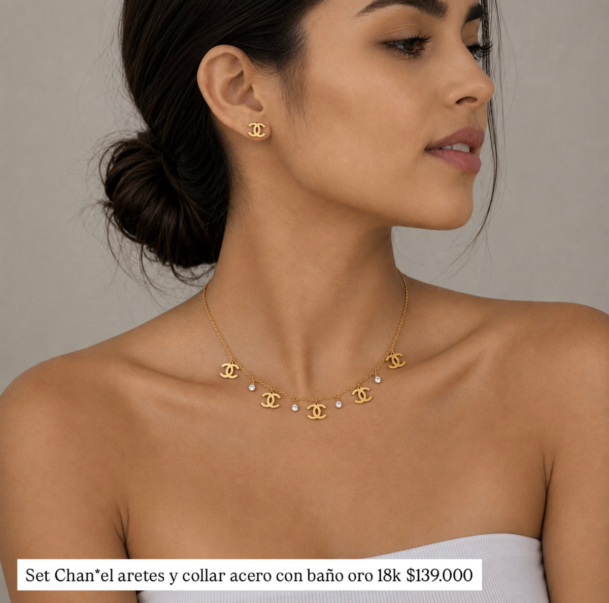Set acero con baño oro 18k