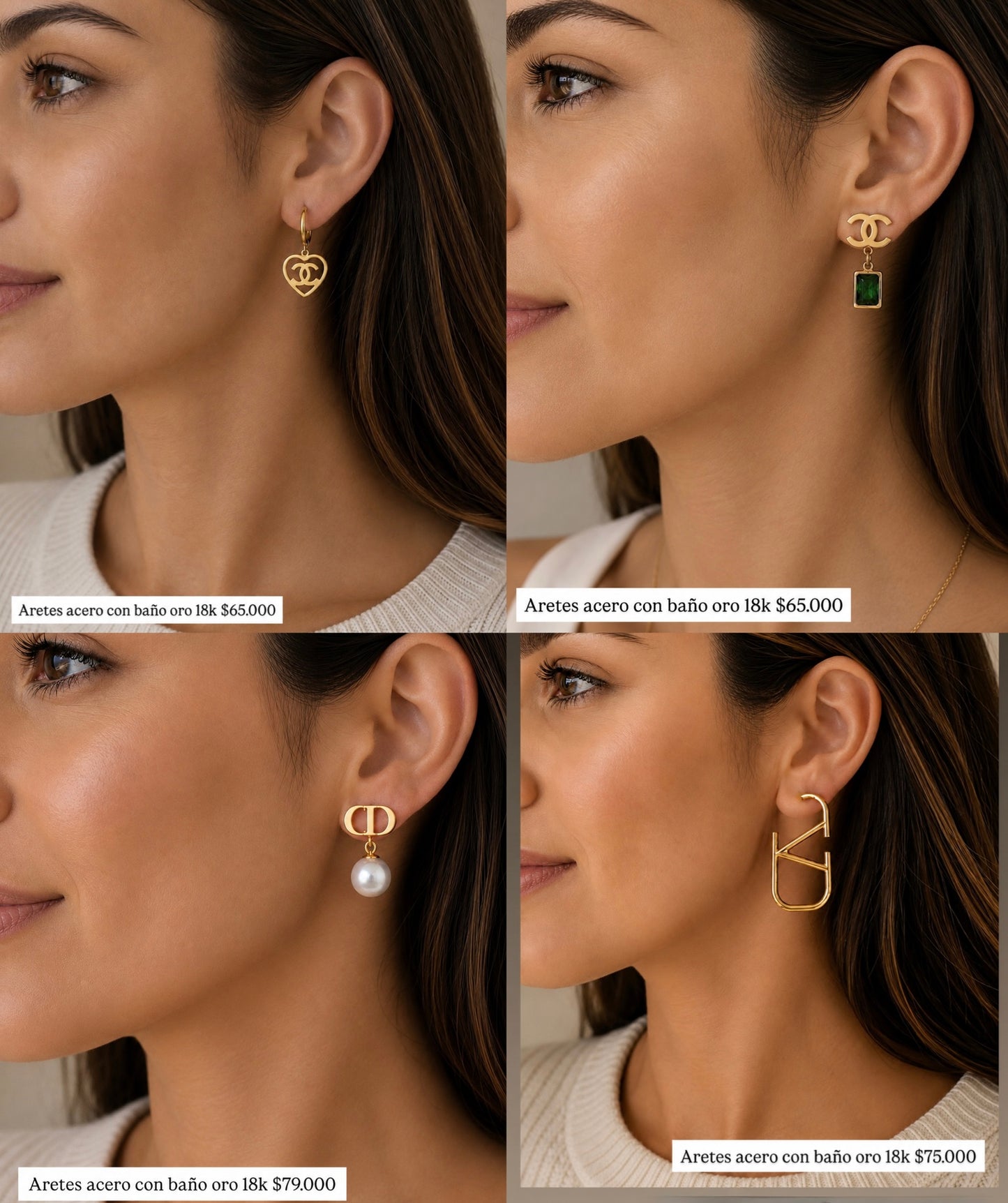 Aretes acero con baño oro 18k
