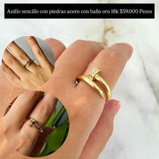 Anillo sencillo acero con baño oro 18k y piedras