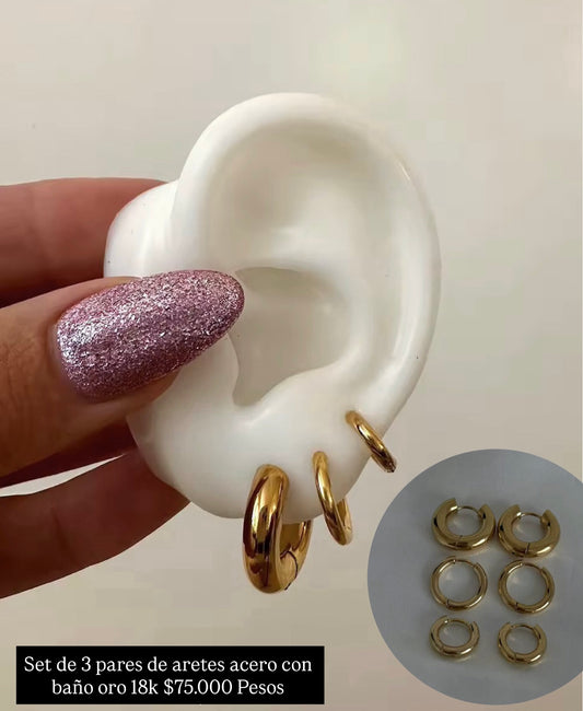 Set 3 pares aretes acero con baño oro 18k