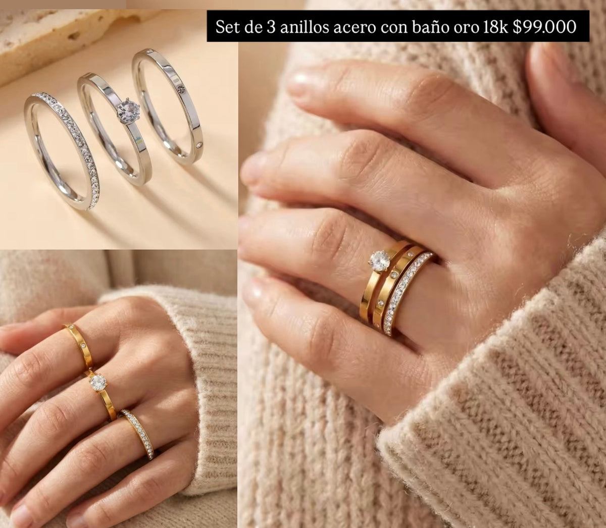 Set de 3 anillos acero con baño oro 18k