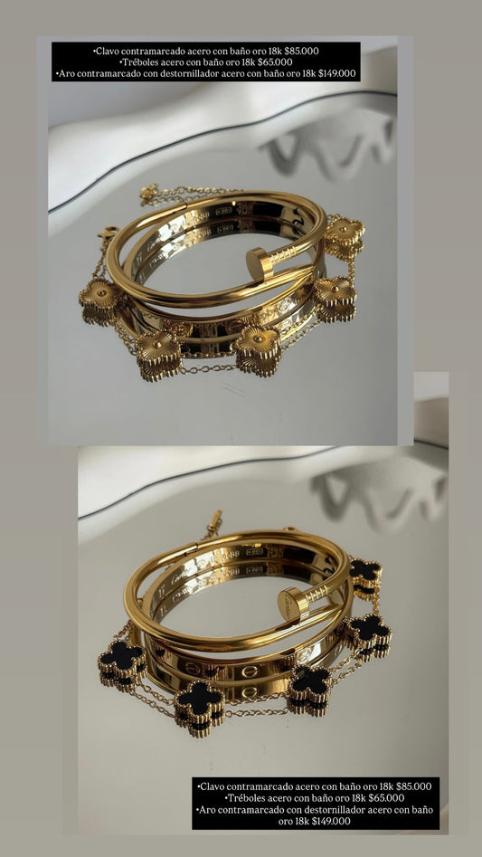 Pulsera acero con baño oro 18k