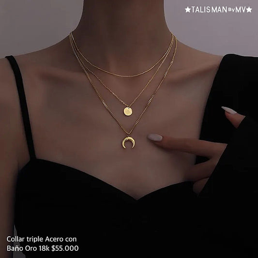 Collar triple acero con baño oro 18k
