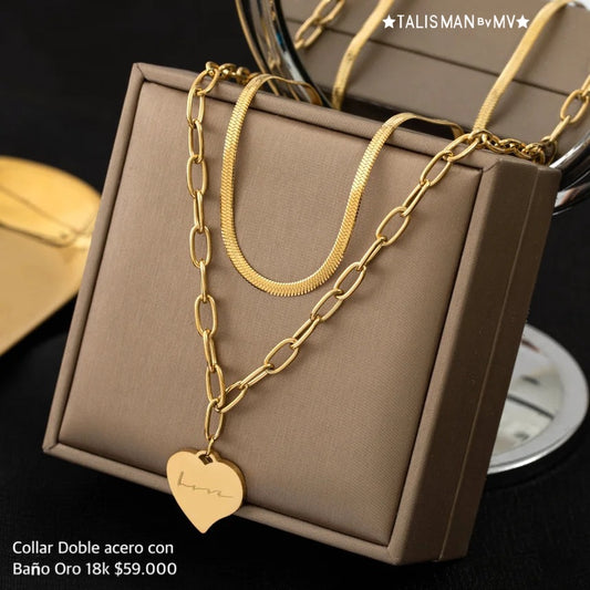 Collar Doble Acero con baño Oro 18k