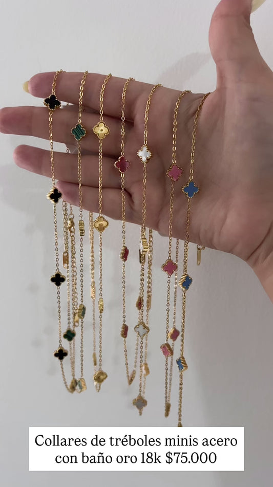 Collar tréboles minis acero con baño oro 18k