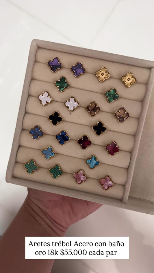 Aretes trébol acero con baño oro 18k