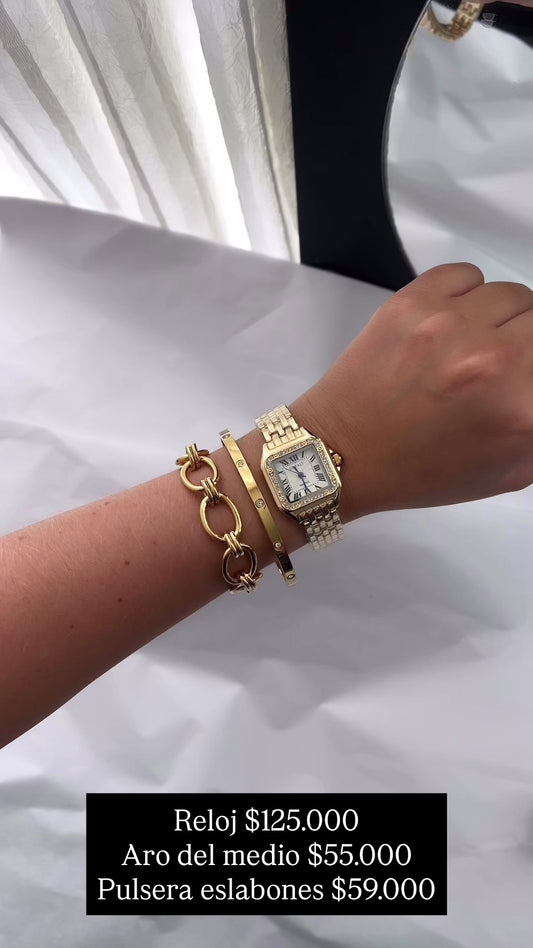 Reloj, pulsera eslabones, aro zircones