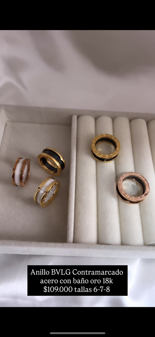 Anillo BVLG delgado contramarcado acero con baño oro 18k