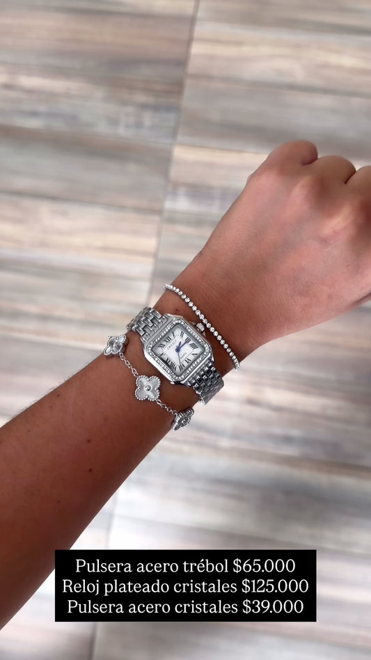 Reloj plateado, pulsera cristales, pulsera trébol