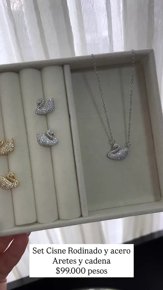 Set cadena y aretes rodinado y acero con cristales