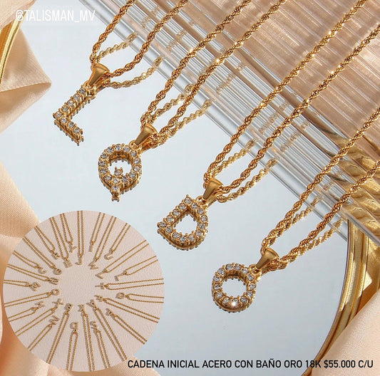 Cadena inicial acero con baño oro 18k